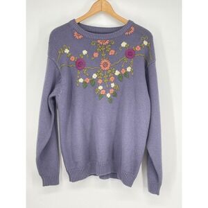 Vintage Embroidered Floral Sweater Purple Crew Neck Pullover Cottage Grandmacore